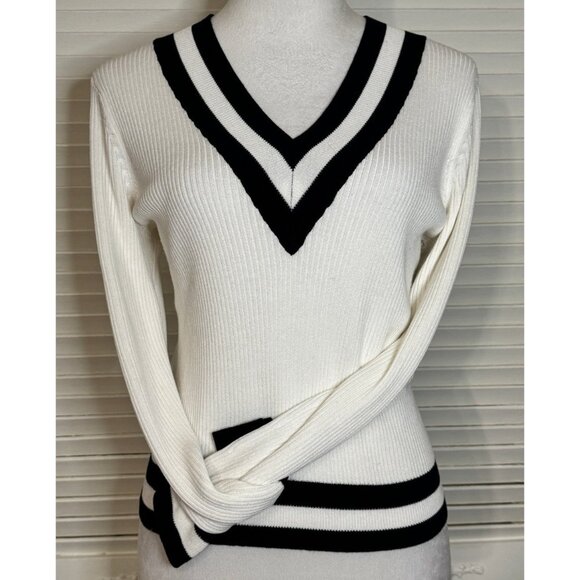 Ribbed‎ Knit Womens White V-Neck Cricket Varsity Long Sleeve Sz M Preppy Sweater - Picture 5 of 8